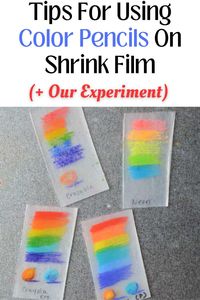 We are huge fans of shrink plastic crafts. From a cool notebook paper keepsake design to easy garden markers, we love seeing our plastic shrink in the oven to make cool magnets, charms and keychains.    We have found a love for all things shrinky recently. Get our tips and see the results for testing different colored pencils on shrink film plastic.