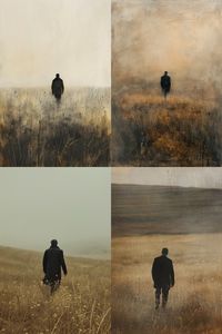 one man in black is pictured walking through a field, in the style of gray and beige, rustic americana, layered fabrications, scoutcore, the san francisco renaissance., light amber and gray, made of mist --ar 85:128