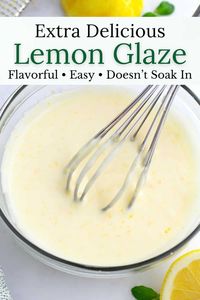 This easy Lemon Glaze recipe is packed with lemon flavor, not too sweet, and - best of all - done in just 5 minutes! Made with fresh lemon juice and zest, it makes the best lemon icing for cake, cookies, cinnamon rolls, and more. Thanks to two secret ingredients, it's the ideal consistency to drizzle and will hold up perfectly on all your baked goods - no more soaking in!