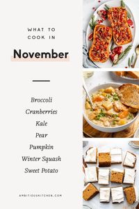 Comforting, seasonal recipes to cook in November! These healthy fall recipes are a great way to use up seasonal produce like pumpkin, winter squash, kale & sweet potatoes, and to get excited about Thanksgiving. #fall #healthyrecipes