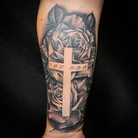 Black & White Cross and Roses Tattoo for Men  #tattooformen #crosstattoo #rosestattoo