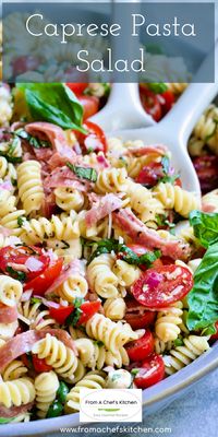 This recipe for Caprese Pasta Salad is a delightful twist on the classic Caprese salad and is full of fresh, summery flavor! Cherry tomatoes, mozzarella, and sweet basil are added to tender pasta and salami before everything gets tossed in a delicious tangy Italian dressing. This pasta salad is perfect for picnics or summer get-togethers and is sure to be a crowd-pleaser!