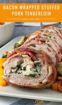 A bacon wrapped stuffed pork tenderloin great for a low carb or ketogenic diet meal. #ketodiet #ketorecipes #ketogenicdiet