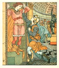 Princess Belle Etoile,  illustration by Walter Crane from 'The Song of Sixpence Picture Book'. Originally published in 1909. 'princess belle-etoile ran towards cheri, who did not know her in her helmet and male attire, and could neither speak nor move.' http://www.amazon.co.uk/gp/product/1444699733/ref=as_li_tl?ie=UTF8&camp=1634&creative=6738&creativeASIN=1444699733&linkCode=as2&tag=reaboo-21&linkId=N2OLRZFXFE4MA2HZ