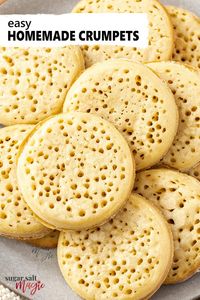 If you’ve ever wanted to know how to make crumpets, this is the recipe for you. Perfectly soft and spongey with lots of holes to soak up all the butter, this recipe for homemade crumpets will become a breakfast favourite. #sugarsaltmagic #crumpets #crumpetbreakfast #englishcrumpets