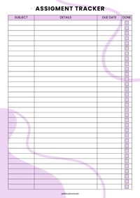 Keep track of your assignments and due dates with this printable assigment tracker! // Keywords: Assignment Tracker. Printable Planner. To-Do List. Student Planner. Schoolwork Organizer. Homework Tracker. Class Schedule. Study Planner. Academic Planner. Time Management. Productivity. Organization. Back To School. Student Essentials. College Supplies. Planner template. Printable planner. Monthly calendar. Organization. Productivity. Goals. Appointments. Time management. To-do list. Notes. Desk planner. Wall planner. Undated planner.