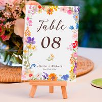 Boho garden summer floral photo wildflowers wedding table number card featuring pretty hand painted wildflowers in pink, yellow, blue, purple, red and orange, a frame of flowers with an elegant script typography.