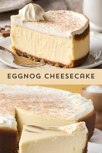 "Indulge in holiday bliss with our Eggnog Cheesecake! 🎄✨ Creamy cheesecake infused with rich eggnog flavor, topped with a decadent spiced whipped cream. A festive treat that'll have your taste buds dancing! #EggnogCheesecake #HolidayDesserts #DeliciousDelights 🍰🎁"