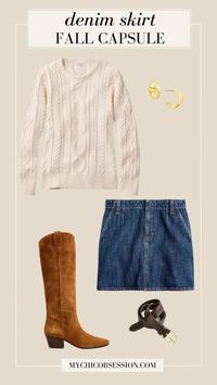 Cable knit sweater and denim skirt fall outfits fall outfits, fall capsule wardrobe outfit idea