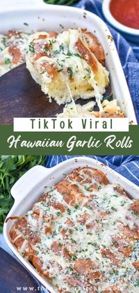 Cheesy Hawaiian roll garlic bread is the newest in must try viral TikTok recipes. With slightly sweet Hawaiian rolls slathered in butter and covered in garlic and cheeses, this cheesy bread will be a hit anytime you serve it! Check out this quick recipe at thequickerkitchen.com