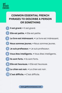 Discover essential French phrases accompanied by their meanings to enhance your vocabulary! This guide provides practical examples that will help you navigate everyday conversations and deepen your understanding of the language. Perfect for beginners and advanced learners alike, these phrases will make your French learning journey more enjoyable. #FrenchPhrases #LearnFrench #FrenchDescriptions #SpeakFrench #FrenchVocabulary #GetFrenchClasses