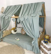 Canopy is a fantastic idea for creating a cozy place in a child's room. It can be hung above a child's bed or in other place to become an ideal and quiet play corner. During playtime these beautiful curtains unleashes kids imagination also they create a great and cozy place at a toddler's bed .  This kids bed tent is a perfect place for reading. The muslin canopy has 2 pair of ties and  is made with 100% cotton muslin fabric. With every order you receive a wall hanging balloon gift. Dimensions :