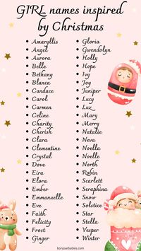 Discover a charming list of baby girl names inspired by the magic of Christmas! From classic names like Mary to festive choices like Holly, this collection offers a variety of beautiful options for new parents. This guide will inspire you whether you seek a name that reflects the holiday spirit or something unique. Perfect for parents looking to celebrate the season while naming their little ones! 🌟✨  Make sure to save this pin for later and share your favorites in the comments! Which name reso