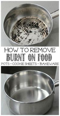 Great tips to remove burnt on food from stainless steel pots - works on cookie sheets and other baking items too!