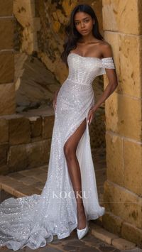 Expertly crafted with an off-shoulder design, this sheath wedding dress combines elegance and style. Sleeveless with a high split and delicate pleats, the dress is adorned with shimmering sequins, adding a touch of sparkle to your special day. Complete with a train, this dress is perfect for a classic yet modern bride.