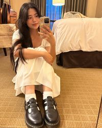 Fairycore, cottage core, soft core, folklore, doc martens outfit, mary janes outfit, mirror selfie, sitting pose, mirror selfie pose idea