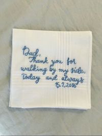 Let your dad know just how much he means to you on your wedding day by gifting him a personalized handkerchief. It will come in handy when he sees you in that dress! *This listing is for a single hanky. Follow the link below to shop the bundle option, where you can choose two parent of the couple hankies for a discount* BUNDLE: https://www.etsy.com/listing/959782202/bundle-mother-of-bride-embroidered-hanky?ref=shop_home_active_1&frs=1 D E S C R I P T I O N *Cotton Handkerchief *Hand Letterin