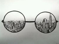 drawing idea, with a corrupt, damaged, war-ridden city behind it. "Behind the lense" Could also do with camera and Photoshop instead of glasses