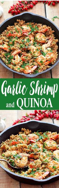 Garlic Shrimp and Quinoa - an easy, healthy and gluten-free dinner ready in 35 minutes. Only 250 calories per serving #dinner #easyrecipes #quinoa #glutenfree #shrimp |#weeknightdinner #dinnerrecipes