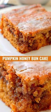 Pumpkin Honey Bun Cake - a gooey brown sugar and walnut filling in the center of a moist pumpkin cake topped with a simple glaze.