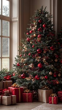 🎄✨ Dive into the magic of Christmas with this stunning, elegantly decorated tree! The rich red and gold ornaments, twinkling fairy lights, and perfectly wrapped gifts create a warm and cozy holiday atmosphere. Perfect inspiration for your own festive decor! 🎁❄️ #Christmas #decor #holiday #festive #inspiration #tree #gifts #cozy #red #gold #magic