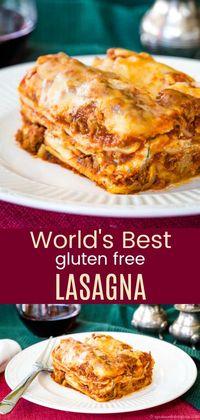 The World's Best Gluten Free Lasagna - this homemade lasagna recipe has hearty meat sauce and three kinds of cheese between layers of gluten free noodles. It's the ultimate Italian comfort food! #lasagna #glutenfree #comfortfood