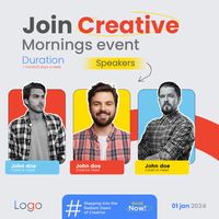 PSD join our creative morning event psd with speaker details guest speakers "🌅 Creative Mornings Await! 🎙️ Join us for an inspiring morning with guest speakers who'll fuel your creativity. Download our PSD to spread the word and get ready for a memorable event. See you there! #CreativeMornings #GuestSpeakers #EventPromotion #PSDTemplate"