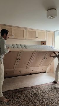 My husband gets the credit for this Murphy bed + built-in cabinets. He built it all himself. I’m so proud and amazed because he has a full time job in finance with no dedicated woodworking space. Want to know how he did it while never missing family dinners, movie nights, kids activities, etc? He carved out time after the kids went to bed or on weekends. Took him 6 months to get here with trial and error as he honed in on his cabinetry skills.  If you’ve followed me for a while, you know that we are believers in that home takes time. Read more on my blog at Patticakewagner.com and follow along to daily updates on my Instagram @ Patticakewagner.