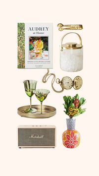 Cocktail party & delicious homemade recipes at home. From colorful vases and ice bucket to beautiful vintage pocket watch. Green flower glasses are filled from a mosaic cocktail shaker🍸