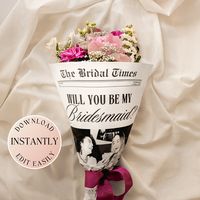 Surprise your bridesmaids with a proposal they won't forget! Propose to your bridesmaids with our bridesmaid newspaper template, a creative and personalized way to ask your closest friends and family members to join your special day. Perfect for adding to a bridesmaid proposal gift box or using as a flower bouquet wrap. ❤ 𝐖𝐡𝐲 𝐘𝐨𝐮'𝐥𝐥 𝐋𝐨𝐯𝐞 𝐈𝐭  ❤ * Make your bridesmaid proposal stand out with a personalized and memorable touch. * Customize effortlessly with our user-friendly Canva tem