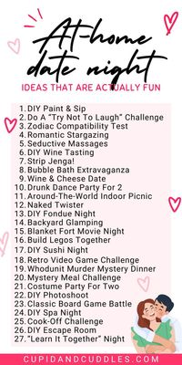 Oct 21, 2023 - Tired of the same ol' Netflix and chill sessions? Then let's spice things up with your bae with these rad date night ideas at home! Why...