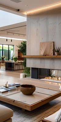 The living room has a minimalist modern fireplace with hidden storage and neutral tones.