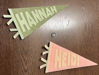 "Custom roommate name pennants add a nice personalized touch to a dorm room or apartment. These thick pennants have two layers of felt.  Measure approximately 12\" in length including the tails, and approx 5 1/2 inches tall. Price is for ONE pennant = $15.00 sage-olive/pink combination. You have the option to specify if you want the green background or the pink background. ALSO yellow background OR turquoise blue background Cream letters will be all caps. Font may look slightly different with di