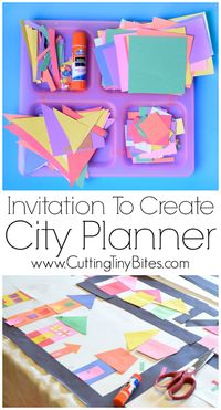 Invitation To Create: City Planner. Open ended creative construction or building paper craft for kids. Great for fine motor development. Perfect for preschoolers, kindergartners, and elementary students, and allows exploration of shapes and colors.