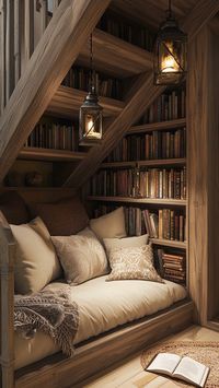 Cosy reading corner underneath stairs with lanterns and warm light.  #reading #books #bookshelf #cosy #hygge