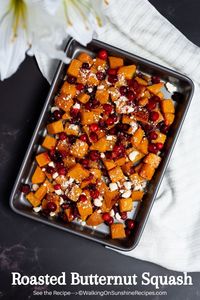 Roasted butternut squash with cranberries, feta cheese and honey, is a healthy, flavorful side dish for Thanksgiving.