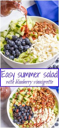 An easy summer salad with cucumbers, blueberries, pecans and feta cheese!