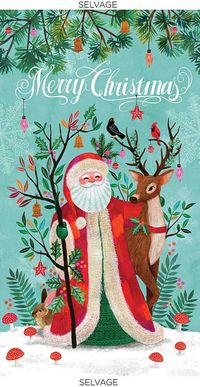 "Beautiful Santa and deer PANEL designed by Miriam Box for Dear Stella Designs.  Digitally printed on 100% woven cotton. This PANEL measures approximately 24\" wide x 44\" long.  Sold by the PANEL; if you order more than one panel, we will cut in one piece AND the cost of shipping will increase by $0.75 per panel purchased. Check out our Policies section for more information on shipping charges. Shipping overages of $1 or more are refunded at time of shipping. Please send us a message with any q