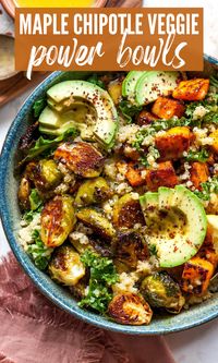 Quinoa Power Bowls with Maple Chipotle Brussels and Smoky Butternut Squash - Dishing Out Health