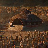 Vaes Dothrak is the only city of the Dothraki people. It is located in the northeast of the vast Dothraki sea, beneath the Mother of Mountains and near a lake, the Womb of the World. Vaes Dothrak has no walls.