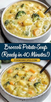 This creamy and cheesy broccoli potato soup is a quick and easy meal that's perfect for busy weeknights. Ready in just 40 minutes! #broccoli #potatosoup #cheesesoup #easyrecipe #quickdinner