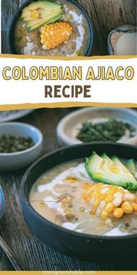 Discover the flavors of Colombian cuisine with a comforting ajiaco stewed potatoes recipe, a hearty and easy chicken breast dish ideal for winter comfort food. This gluten-free soup is a filling one-pot meal featuring corn, a unique herb, and potatoes, and is served with avocado, rice, capers, and cream for a truly satisfying meal. Try this comforting recipe now! #food #recipe