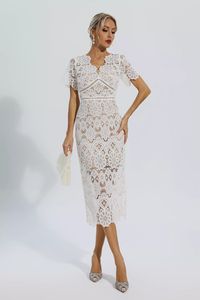 The Skyler White Lace Cutout Midi Dress is the perfect choice for a getaway. This lace dress features intricate cutouts and a V-neck neckline for a unique and eye-catching elegance. Water-soluble lace ensures exceptional comfort, making this stylish piece a must-have for your wardrobe. Just pair it with high heels or flats and you'll get lots of compliments.  Dress Length: Approx 124cm Materials: Water-soluble Lace Gentle Dry Clean Only Or Hand Wash It In Cold Water (Remember Not To Soak It)  Th