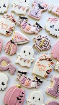 Ghost Spooky One Little Boo First Birthday Halloween Cookies.  Pastel Girly Halloween Cookies. Perfect for Birthday Desserts, Food, and Favors. Custom Decorated royal icing sugar cookies by The Flour Shoppe Cookie Co located in Omaha Nebraska