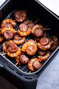 After cooking the shrimp and sausage kabobs inside the air fryer basket.