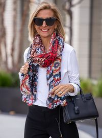 This Beautiful Scarf is a must have Color: Black/Red/Teal/White/Rust/Tan Abstract print Fabric: 100% Polyester Measurement: 34"W x 72"L Wash Instructions: Hand wash or Dry clean