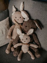 Our limited edition, wool bunny is part of a small, exclusive collaboration with Kenana Knitters - a charity dedicated to helping support local communities and families in Kenya.  This soft, cozy bunny is handknitted with love and crafted with non-toxic, natural plant dyes so they can snuggle beside your child day and