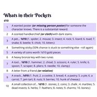 In the npc's pockets are... - A letter from a friend (or relative) - A pet... 1d10 (1. spider; 2. mouse; 3. insect; 4. rock; 5. lizard; 6. toad; 7. snake; 8. beetle; 9. chick; 10. kitten;) Table from a Tangle of Tables on DriveThru RPG