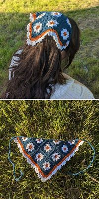 If you want to make a practical yet simple accessory for the summer, this crochet bandana is the answer. It's made with granny crochet squares and triangles, so it's beginner friendly. Gauge is not critical to this piece, but it will affect the size of this crochet headband. The pattern is free to download and easy to follow. #freecrochetpattern #crochetbandana #crochetsummerheadband #summeroutfit #summeroutfits #hairaccessories #hairaccessory,hunter x hunter crochet ideas, 50 begginer crochet ideas, crochet ideas orange, crochet ideas fall, quick and easy crochet gifts ideas, crochet ideas 10 de mayo