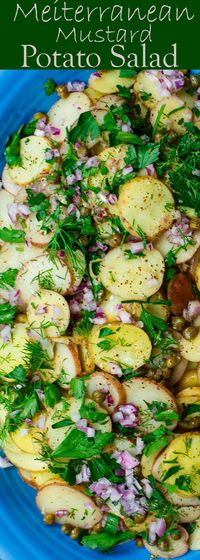 Mediterranean Style Mustard Potato Salad | The Mediterranean Dish. Light, flavor-packed mustard potato salad with Mediterranean spices, fresh herbs and capers. So simple and gorgeous. The best potato salad with no mayonnaise. See this potoato salad recipe on TheMediterraneanDish.com